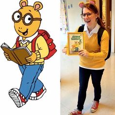 a woman holding a book next to an image of a cartoon character