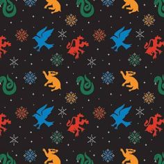 a black background with different colored animals and snowflakes on it, including one dragon