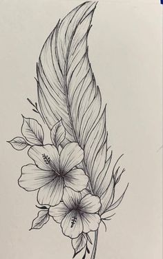 a black and white drawing of a flower with a feather on it's tip