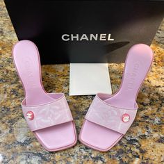 Rare Vintage Chanel Pink Mules Sz36 6us. These Beauties Are In Excellent Used Condition. Comes Will Original Box. Luxury Flat Heel Heels For Spring, Luxury Slip-on Heels For Spring, Designer Slip-on Heels With Padded Heel, Designer Pink Slip-on Heels, Designer Slip-on Heels With Heel Strap, Chanel Aesthetic, Pink Mules, Chanel Pink, Pink Chanel