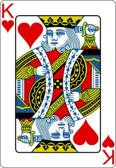 the king of hearts playing card with two hands and one hand on each side, in red