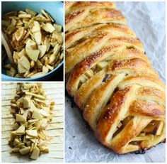 four pictures show different types of bread with apples on top, and in the middle