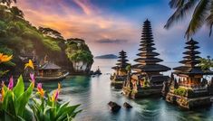 an island with many pagodas and flowers in the foreground, surrounded by greenery