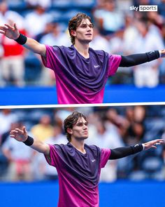 two pictures of a man holding a tennis racquet on top of a tennis court