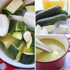 the process of making soup with zucchini, cheese and sauce in a pot