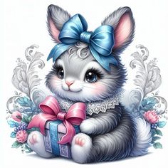 a drawing of a kitten with a bow on its head and holding a gift box