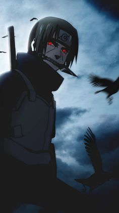 an anime character with red eyes standing in front of a dark sky and flying birds