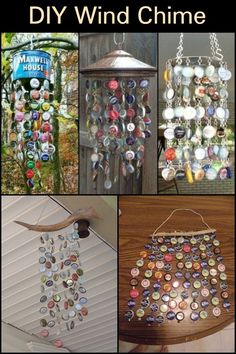 four different pictures with the words diy wind chime on them and buttons attached to it