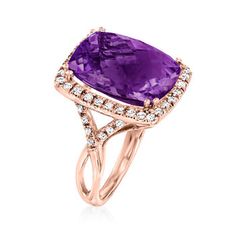 Ross-Simons - 9.50ct Amethyst, .41ct t. w. Diamond Ring Emerald Cut in 14kt Rose Gold. Size 9. Get your style game on with our regal ring! An impressive 9.50 carat rectangular cushion-cut amethyst mesmerizes with its deep purple hue and icy .41 ct. t. w. round brilliant-cut diamond frame and shank. Shining in 14kt rose gold. 3/4" wide. Diamond and amethyst ring. Amethyst birthstones are the perfect gift for February birthdays. Diamond Ring Emerald Cut, Diamond Ring Emerald, Ring Emerald Cut, Amethyst Birthstone, Rectangular Cushion, Emerald Cut Diamond Ring, Amethyst And Diamond Ring, February Birthday, Diamond Frame