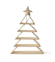 a wooden christmas tree with a star hanging from it's top, on a white background