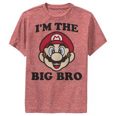 Big brothers know best, which is why they always go for the Nintendo Mario Big Brother Boys' Tee! Super Mario smiles from the front of this durable graphic tee with "I'm the big bro" printed next to him. Size: xl. Color: red heather. Gender: male. Age Group: adult. Pattern: Fictitious Character. Material: Cotton. Fun Graphic Print T-shirt For Father's Day, Fun Father's Day T-shirt With Graphic Print, Father's Day Graphic Print Fan Merchandise Tops, Father's Day Character Print Cotton T-shirt, Father's Day Cotton T-shirt With Character Print, Father's Day Letter Print T-shirt, Funny Character Print T-shirt For Father's Day, Kids Pattern, Slim Fit Shorts