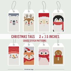 cross stitch christmas tags with animals and snowmen on them, all in different colors