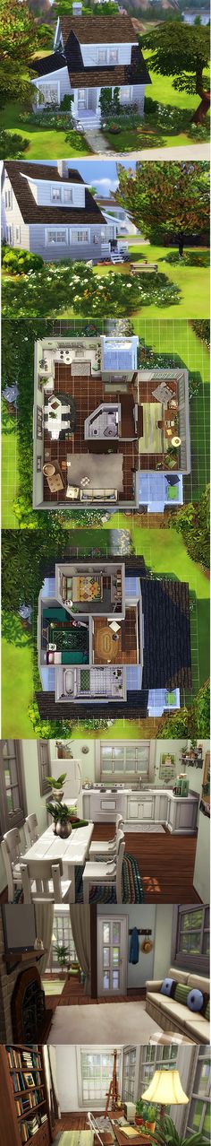 three different views of a house from above and below, with the floor plan in full view