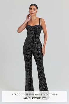 Hailey Black Jumpsuit Women's Clothing > Jumpsuits.     DESCRIPTION &   FEATURES  HAILEY is the perfect piece for those daring to make a statement. A figure-hugging jumpsuit complete with a flared trouser.  Crafted from  shimmering velvet fabric covered in delicate, hand-embroidered sequins and metallic thread embroidery. C omplete with an underwire bust to give structure and compliment your shape.   - Fitted jumpsuit with flared trousers.   - Structured/corseted style with metal boning   - Unde Black Bodycon Jumpsuit, Tube Top Jumpsuit, Nadine Merabi, Black Velvet Fabric, Cotton Decorations, Sequin Jumpsuit, Bodycon Jumpsuit, Fitted Jumpsuit, David Koma