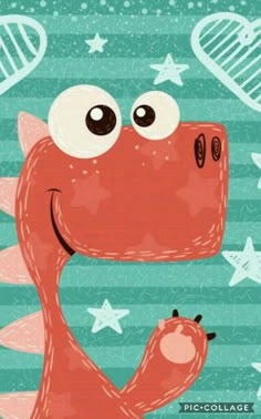 a red dinosaur with big eyes and stars on it's face, standing in front of a blue background