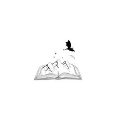 an open book with a bird flying over it and two mountains in the sky above