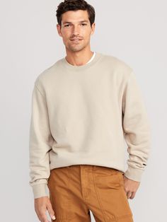 rib-knit crew neck drop-shoulder sleeves rib-knit cuffs rib-knit hem oversized fit hits below waist model is approximately 6'1" and wears size mmachine wash according to the care instruction label Sweatshirt Outfit Men, Crew Neck Sweater Men, Beige Sweatshirt, Old Navy Men, Stylish Men Casual, Newborn Family, Sweatshirt Outfit, Beige Sweater, Jogger Sweatpants