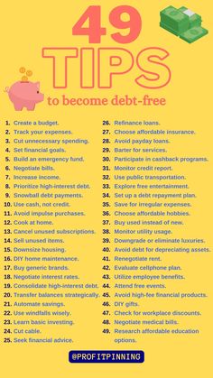 a yellow poster with the words 39 tips to become debt - free on it's side