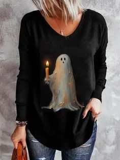 Loose V Neck Halloween Casual T-Shirt Casual Halloween, Ghost Print, Long Sleeve Kimono, Halloween Cartoons, Halloween Fashion, Casual T Shirt, Print Pullover, Casual Tee, Womens Activewear