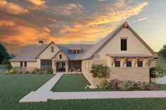 this is an artist's rendering of a house in the country style with stone and stucco