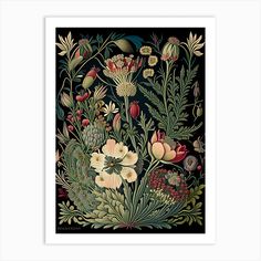 a painting with flowers and plants on black background, framed in white wood planks