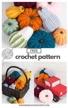 crochet pumpkins and other knitted items with text overlay that says free crochet pattern