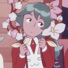 an animated image of a woman with flowers on her head and coat over her shoulders