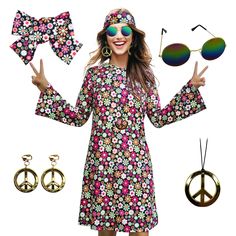 PRICES MAY VARY. 【Package Included】6 Pieces Set of hippie costume accessories - 1 hippie dress, 1 cosplay sunglass, 1 headband, 1 peace sign necklace and 1 pair peace sign of earrings. A perfect outfit set for 60s 70s 80s retro parties, you deserve it. Comfortable Material: The hippie disco dress is made of polyester and spandex fabric, it is soft, stretchy, lightweight, breathable, make you feel comfortable and show your curve. The necklace and earrings are made of primium plastic with peace si Bohemian Chic Dresses, 60s Party, Festival Mode, Cardigan Y2k, Hippie Movement, Halloween Retro, Hippie Dress, Disco Dress, Hippie Look