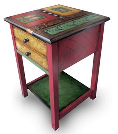 a wooden table with a drawer on the bottom and green carpet underneath it, against a white background