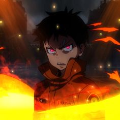 an anime character with red eyes standing in front of flames