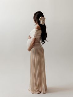 Momyknows Apricot Off Shoulder Ruched Pleated Big Swing Elegant Evening Gown Maternity Boho Photoshoot Baby Shower Maxi Dress Celebrity Baby Shower Outfit, Free People Pregnant Maternity Styles, Whimsical Baby Shower Dress, October Baby Shower Outfit For Mom, Casual Gender Reveal Outfit, Pregnancy Announcement Dress, Brown Baby Shower Dress, Winter Baby Shower Dress For Mom, Neutral Baby Shower Dress