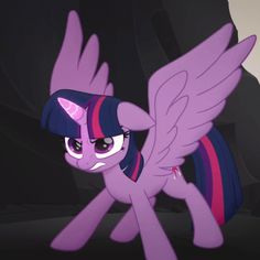 an animated pony with wings flying in the air and looking to its left, on a dark background