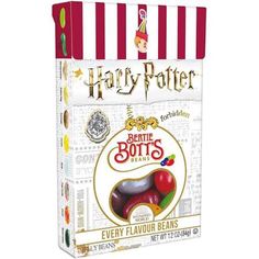 a harry potter candy bag is shown on a white and red striped box with the words, every flavorer beans in it