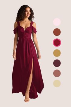 a woman in a long dress with her legs slited up and the color swatches are