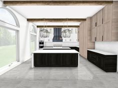 a large kitchen with an island in the middle