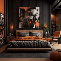 an orange and black bedroom with a large painting on the wall