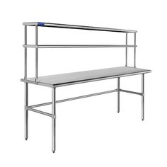 a stainless steel work bench with two shelves on each side and one shelf at the top