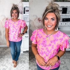 This flirty floral top blooms with style. Its buttery soft knit caresses your curves, while a shirred yoke and double ruffle sleeves add a feminine flair. A vibrant floral print in shades of pink and coral lets your fun and flirty side blossom. Perfect for a sunny stroll through the park or drinks on the patio, this breezy little number works overtime to keep you feeling as carefree as a daisy. Pair it with white jeans or a flowy skirt for an ensemble as sweet as a spring day. When comfort and s Spring Floral Print Tops With Flutter Sleeve, Feminine Floral Print Stretch Tops, Feminine Stretch Floral Print Tops, Feminine Floral Print Top With Ruffle Sleeves, Pink Ruffle Top With Flutter Sleeves, Pink Flutter Sleeve Top For Brunch, Floral Print Flutter Sleeve Tops For Brunch, Feminine Floral Print Tops With Flutter Sleeves, Pink Stretch Top With Ruffle Sleeves