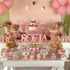 a teddy bear themed birthday party with pink balloons