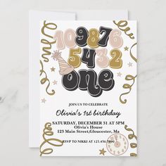 a birthday party card with the numbers one and two in gold, white, and black