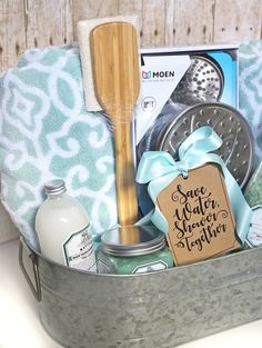 a basket filled with personal care items on top of a table