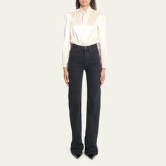 Saint Laurent straight-leg long denim jeans  High rise Button/zip fly; belt loops  Full length Relaxed fit  Cotton Made in Italy Luxury Straight Leg Garment Washed Jeans, Luxury Garment Washed Straight Leg Jeans, Luxury Washed Black Straight Leg Pants, Saint Laurent Jeans Woman, Luxury Light Wash Full-length Jeans, Straight Leg Denim, Satin Blouse, Curves Workout, Neck Scarves