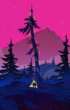 an illustration of a tall tree in the middle of a forest with mountains and stars behind it