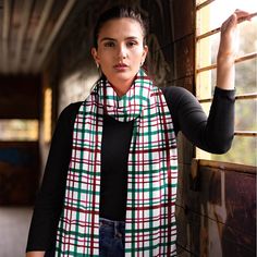 This festive scarf, adorned with the classic Christmas plaid of red and green, is the epitome of holiday spirit. The bold pattern is a timeless staple, reminiscent of cozy family gatherings, the laughter of a holiday party, and the joy of the season. It's a versatile piece that can dress up a casual outfit or add a dash of cheer to a formal look, perfect for anyone looking to make a spirited statement this winter. Green Winter Scarf For Gift, Green Winter Scarves For Gifts, Green Scarves For Winter Gifts, Festival Scarves, Pattern Scarf, Christmas Plaid, Patterned Scarves, Chiffon Scarf, Plaid Christmas