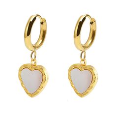 Stately Steel Mother-of-Pearl Hoop Heart Drop Earrings Made of durable stainless steel, these petite hoops feature heart-shaped mother-of-pearl drops for a fun, fashionable look that pairs well with both dressy or casual outfits.       Approx. 1-1/4"L x 9/16"W      Made of stainless steel     Pierced with joint-and-catch closures     Petite, polished hoops have heart-shaped drops with mother-of-pear inlay in textured frames   Stone Information       All sizes and weights approximate     Mother-of-Pearl - Heart Mother's Day Heart Hoop Earrings, Mother's Day Heart-shaped Hoop Earrings, White Hoop Earrings With Heart Charm For Gift, Heart-shaped Metal Jewelry With Pearl Drop, Heart Shaped Pearl Earrings As Gift, Heart-shaped Metal Pearl Drop Jewelry, White Hoop Earrings With Heart Charm, Heart Charm Pearl Earrings For Gift, Heart Charm Pearl Earrings As A Gift