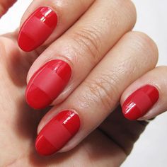 After painting your nails in your favorite red, let the lacquer dry and add a horizontal swipe in a matte topcoat for a contrasting finish. Gel Manicure Designs, Silhouette Nails, Short Red Nails, Bright Red Nails, Evil Eye Nails, Eye Nail Art, Red Manicure, Red Acrylic Nails