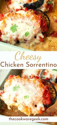 chicken parmesan casserole is being lifted from the pan