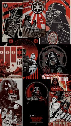 star wars posters are shown in red and black