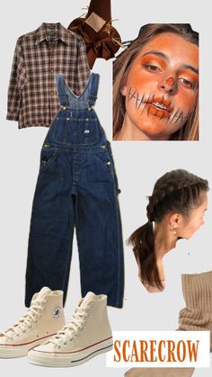 a collage of halloween costumes including overalls and shoes