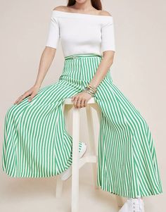 Anthropologie Mackenzie Striped Wide-Leg Pants Sold Out Style Blogger Favorite 2. Spring Striped High-waisted Wide Leg Pants, Non-stretch Striped Summer Pants, Spring Striped Wide Leg Pants, Striped Ankle-length Spring Bottoms, Spring Striped Ankle-length Bottoms, Chic Striped Bottoms For Spring, Striped Ankle-length Pants For Spring, Spring Striped Wide-leg Pants, Chic Green Full Length Bottoms